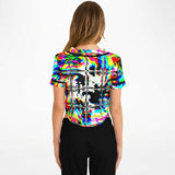 Psychedelic Rave Glitch Tiles Rainbow Plaid Cropped Ravewear Baseball Jersey | EDM Festival Fashion | BigTexFunkadelic