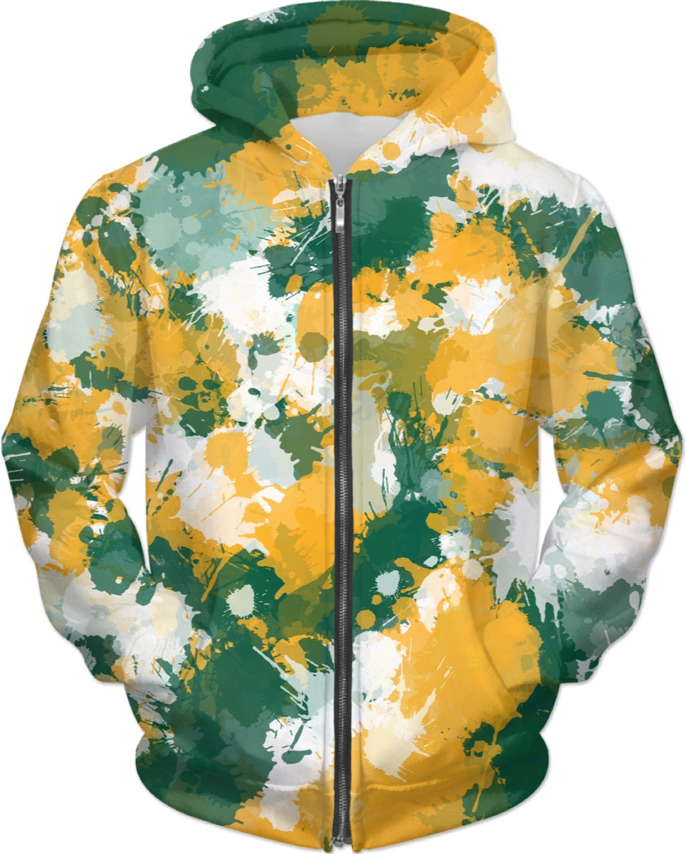 ともハッピー Green Yellow and White Paint Splatter Zip-Up Hoodie