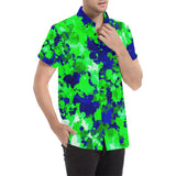 Green and Blue Paint Splatter Short Sleeve Button Up Shirt | BigTexFunkadelic