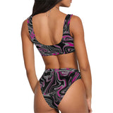 Pink Grey and Black Oil Spill Sport Top & High-Waisted Bikini Swimsuit / Rave Set | BigTexFunkadelic