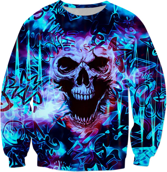 Electric Blue Alternative Skull Graffiti Sweatshirt | BigTexFunkadelic
