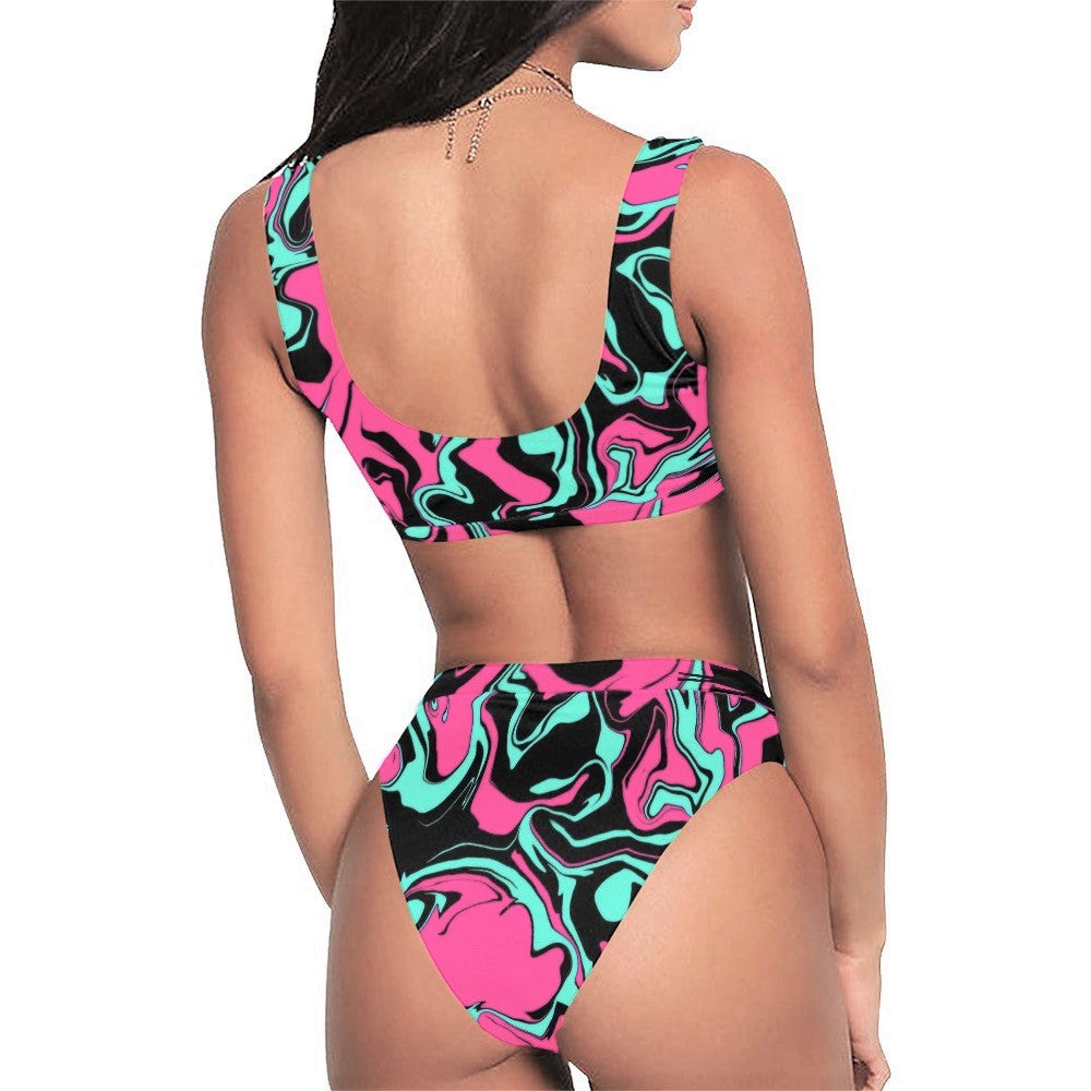 Pink Turquoise and Black Abstract Melt Sport Top & High-Waisted