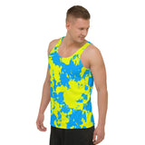 Yellow and Blue Paint Splatter Unisex Tank Top | BigTexFunkadelic