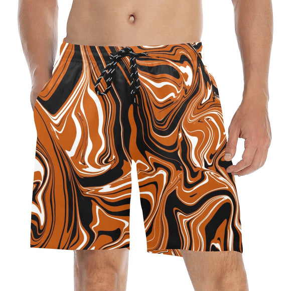Burnt Orange, Black and White Abstract Melt Swim Shorts with Pockets | BigTexFunkadelic