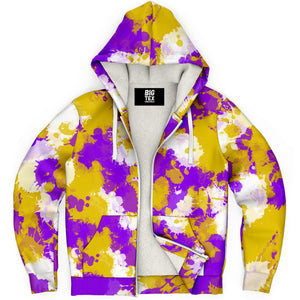 Purple Gold and White Paint Splatter Sherpa Hoodie | BigTexFunkadelic