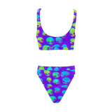 Purple Alien Vapor Glitch Sport Top & High-Waisted Bikini Swimsuit / Rave Set | UV Blacklight Reactive | BigTexFunkadelic