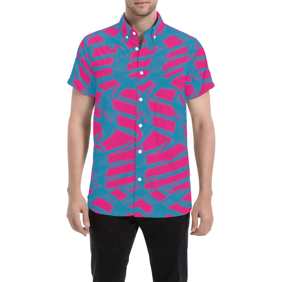 Pink and Blue Squiggly Rave Checkered Pattern Men's Big & Tall Short Sleeve Button Up Shirt | BigTexFunkadelic