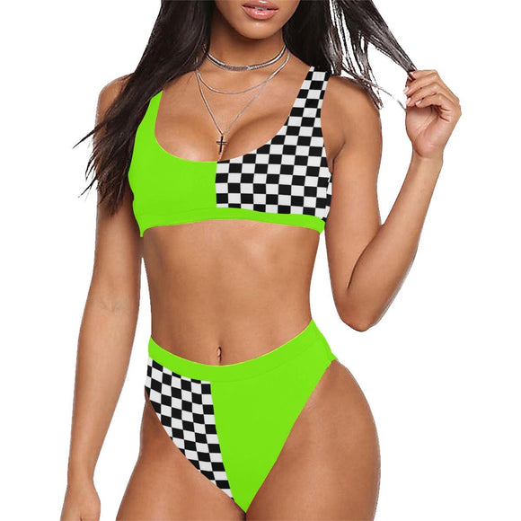 Lime Green Checker Split Sport Top & High-Waisted Bikini Swimsuit / Rave Set | BigTexFunkadelic