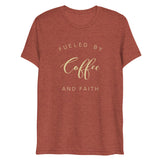 Fueled By Coffee And Faith Short Sleeve Tri-Blend T-Shirt | Cream Text on Clay | BigTexFunkadelic