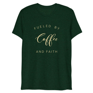 Fueled By Coffee And Faith Short Sleeve Tri-Blend T-Shirt | Cream Text on Maroon | BigTexFunkadelic