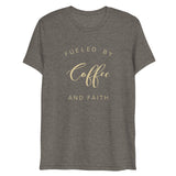 Fueled By Coffee And Faith Short Sleeve Tri-Blend T-Shirt | Cream Text on Grey | BigTexFunkadelic