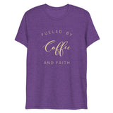 Fueled By Coffee And Faith Short Sleeve Tri-Blend T-Shirt | Cream Text on Purple | BigTexFunkadelic