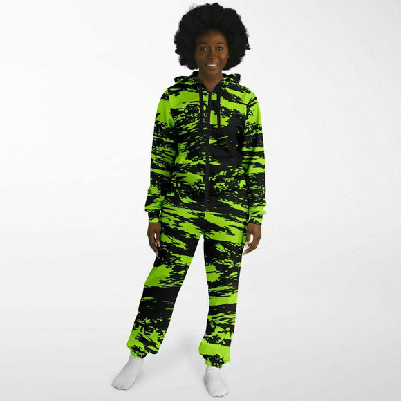 Black Lime Bolt Glitch Psychedelic Fleece-Lined Adult Unisex Onesie Jumpsuit | EDM Festival Fashion | BigTexFunkadelic