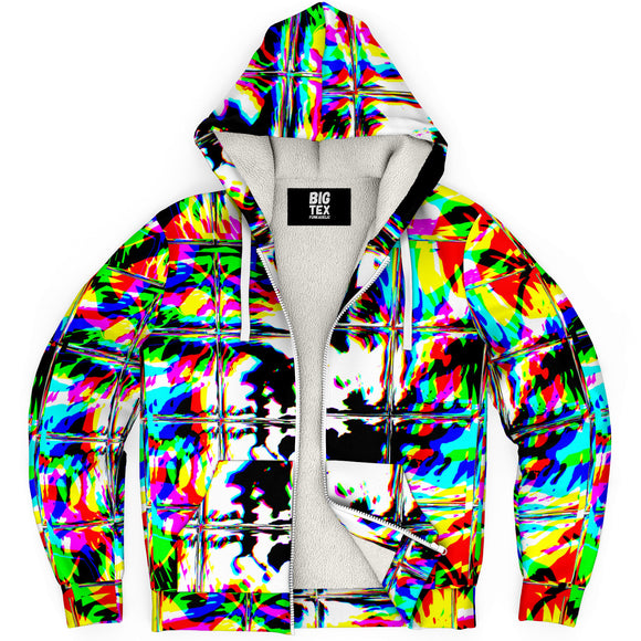 Psychedelic Rave Glitch Tiles Rainbow Plaid Unisex Zip-Up Sherpa Lined Fleece Hoodie Jacket | BigTexFunkadelic