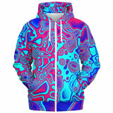 Blue and Pink Psychedelic Liquid Plasma Unisex Fleece-Lined Zip-Up Hoodie | EDM Festival Fashion | BigTexFunkadelic
