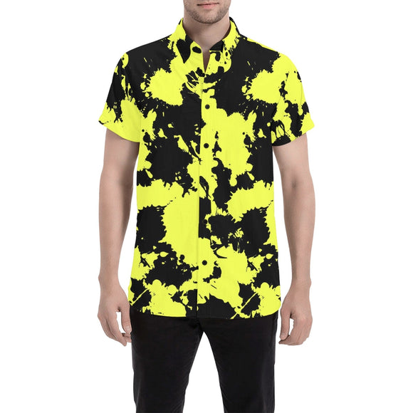 Yellow and Black Paint Splatter Short Sleeve Button Up Shirt | BigTexFunkadelic
