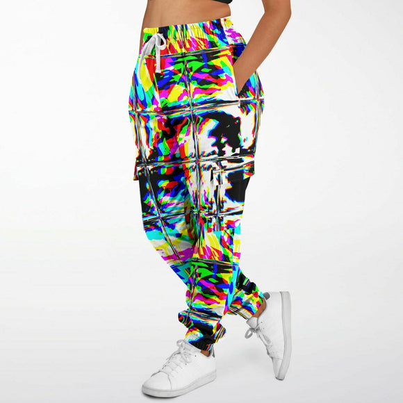 Psychedelic Rave Glitch Tiles Rainbow Plaid Fleece Lined Unisex Cargo Jogger Sweatpants | EDM Festival Ravewear | BigTexFunkadelic