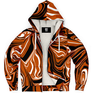 Burnt Orange, Black and White Abstract Melt Unisex Sherpa-Lined Zip-Up Hoodie Hoodie | Cold Weather Essentials | BigTexFunkadelic