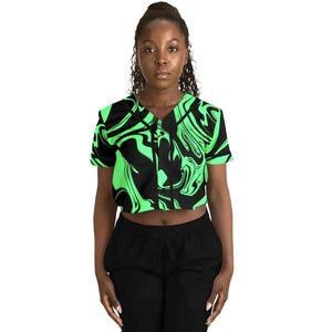 Slime in the Dark Green and Black Oil Spill Cropped Baseball Jersey | EDM Festival Fashion Ravewear | BigTexFunkadelic