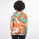 Orange Turquoise and White Oil Spill Unisex Fleece-Lined Zip-Up Hoodie | BigTexFunkadelic