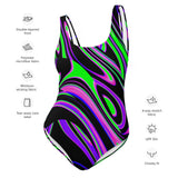 Violet and Lime Blackout Drip One-Piece Rave Swimsuit/Bodysuit | EDM Festival Fashion | BigTexFunkadelic