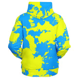 Bright Yellow and Light Blue Paint Splatter Unisex Fleece Lined Zip-Up Hoodie | BigTexFunkadelic