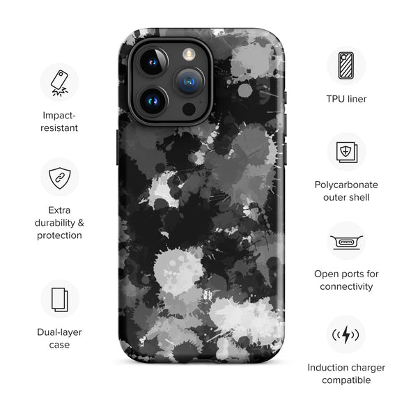 Black White and Grey Paint Splatter Glossy Tough Case for iPhone® 15 Pro Max | Tech Accessories | BigTexFunkadelic