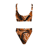 Burnt Orange, Black and White Abstract Melt Sport Top & High-Waisted Bikini Swimsuit / Rave Set | BigTexFunkadelic