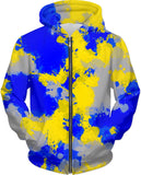 Blue and Yellow Paint Splatter Zip-Up Hoodie | BigTexFunkadelic