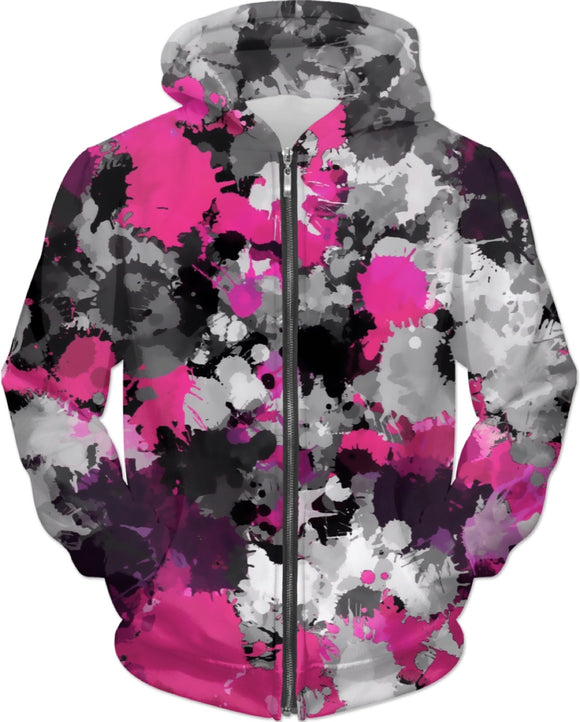 Pink and Grey Paint Splatter Zip-Up Hoodie | BigTexFunkadelic