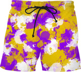 Purple Gold and White Paint Splatter Swim Shorts | BigTexFunkadelic