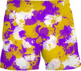 Purple Gold and White Paint Splatter Swim Shorts | BigTexFunkadelic