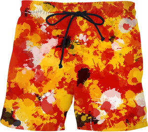 Red and Gold Paint Splatter Swim Shorts | BigTexFunkadelic