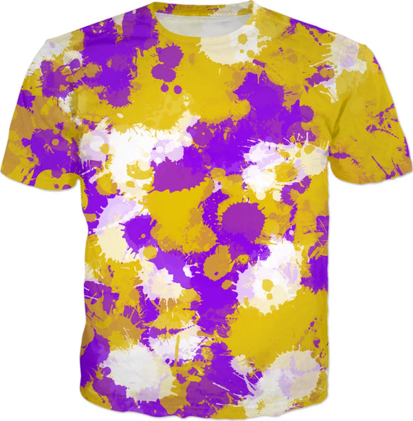 Purple Gold and White Paint Splatter T-Shirt | BigTexFunkadelic