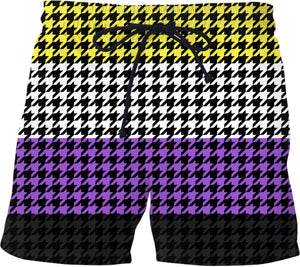 Non-Binary Pride Houndstooth Print Swim Shorts | BigTexFunkadelic