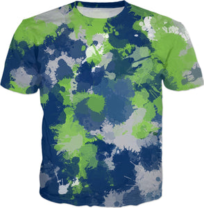 Blue Green and Grey Paint Splatter T-Shirt | BigTexFunkadelic