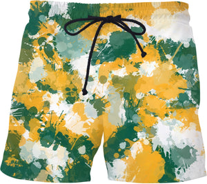 Green Yellow and White Paint Splatter Swim Shorts | BigTexFunkadelic