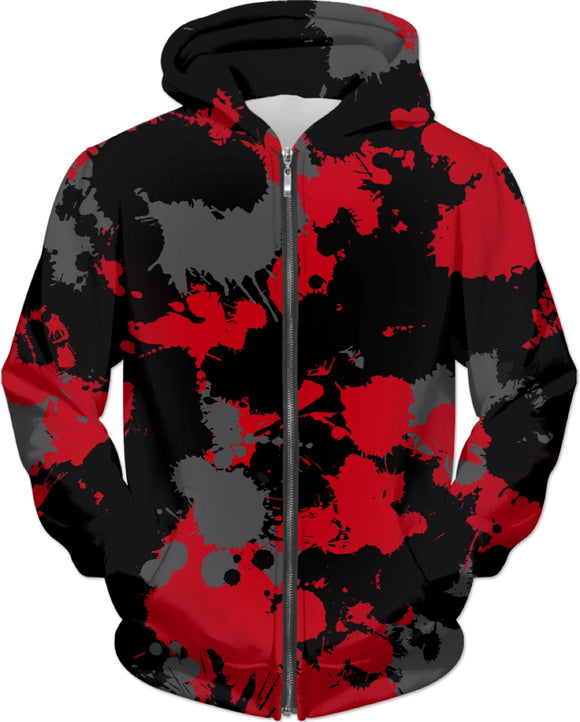 Red Grey and Black Paint Splatter Zip-Up Hoodie | BigTexFunkadelic