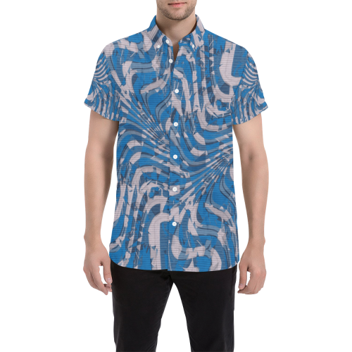 Blue and Grey Psychedelia Print Button Down Short Sleeve Shirt | BigTexFunkadelic