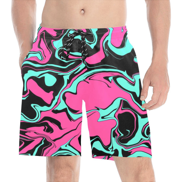 Pink Turquoise and Black Abstract Melt Swim Shorts | BigTexFunkadelic