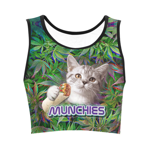 420 Munchies Cat Stoner Galaxy Weed Print Fitted Crop Top | BigTexFunkadelic