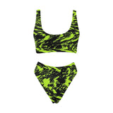 Black Lime Bolt Glitch Sport Top & High-Waisted Bikini Swimsuit / Rave Set | EDM Festival Style | BigTexFunkadelic