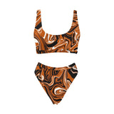 Burnt Orange, Black and White Abstract Melt Sport Top & High-Waisted Bikini Swimsuit / Rave Set | BigTexFunkadelic
