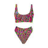 Neon Acid Waves Hot Pink Abstract Print Sport Top & High-Waisted Bikini Swimsuit / Rave Set | EDM Festival Style | BigTexFunkadelic