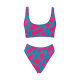 Pink and Blue Squiggly Rave Checkered Pattern Sport Top & High-Waisted Bikini Swimsuit / Rave Set | EDM Festival Fashion | BigTexFunkadelic
