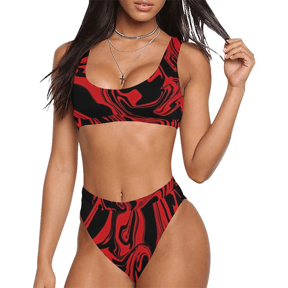 Red and Black Slime Oil Spill Sport Top & High-Waisted Bikini Swimsuit / Rave Set | BigTexFunkadelic