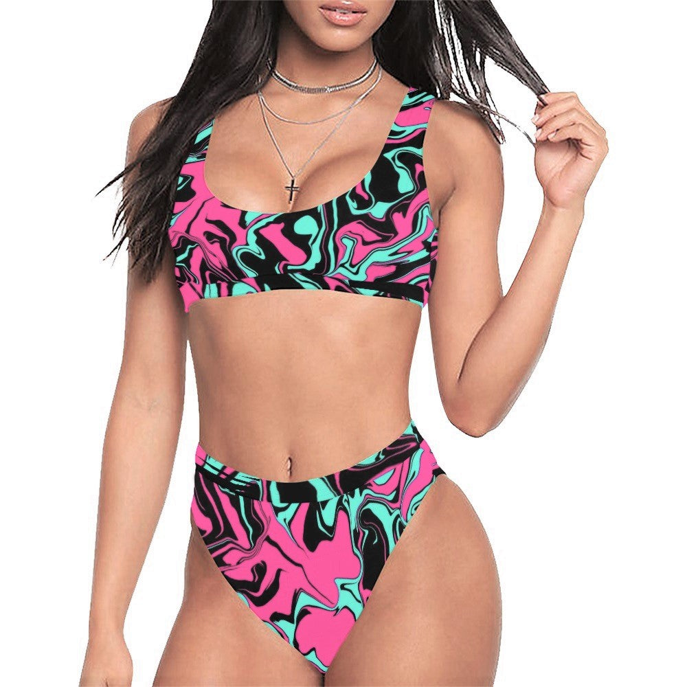 Pink Turquoise and Black Abstract Melt Sport Top & High-Waisted ...