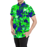 Green and Blue Paint Splatter Short Sleeve Button Up Shirt | BigTexFunkadelic