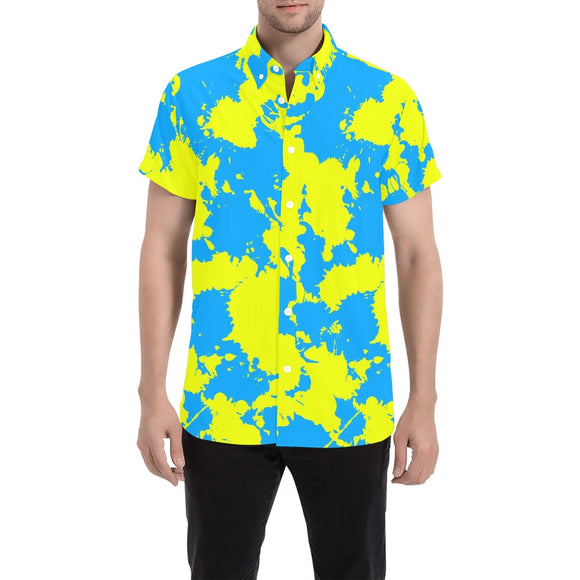 Yellow and Blue Paint Splatter Men's Big & Tall Short Sleeve Button Up Shirt | BigTexFunkadelic