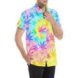 Rainbow Tie-Dye Weed Leaf Print Short Sleeve Button Up Shirt | BigTexFunkadelic